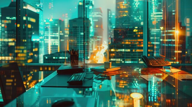 Conceptual background image with night city scape and modern connections concept,Abstract technical background. Big data binary code futuristic information technology, data flow.

