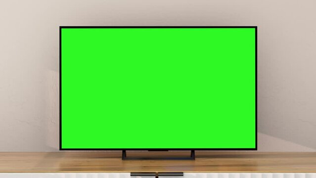 Smart TV with Green Screen for Chroma Key. Mock Up of Empty Television Display with Greenscreen for Chromakey on White Color of Room Background. Presentation of New Home Object with Horizontal View
