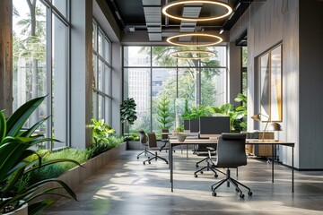 Interior of Modern Office Building. Beautiful office workplace with panoramic windows and soft light. Generative AI	