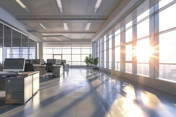 Interior of Modern Office Building. Beautiful office workplace with panoramic windows and soft light. Generative AI	