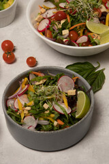 Family Vegetarian Feast with Fresh Vegetable Spread on the Dinner Table showcasing fresh vegetables, complemented by olive oil, wine, pepper, and assorted ingredients as lettuce, tomato, avocado