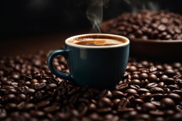 Fototapeta premium Cup of hot coffee on top of coffee beans