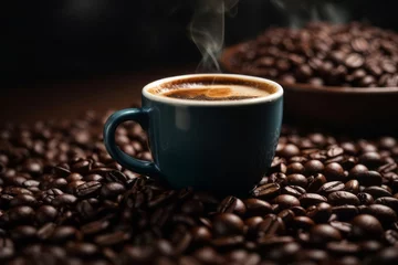 Foto op Plexiglas Cup of hot coffee on top of coffee beans © free