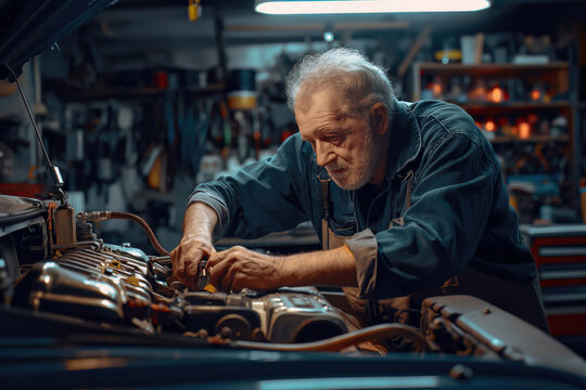 portrait of senior car mechanic repairing old car in garage