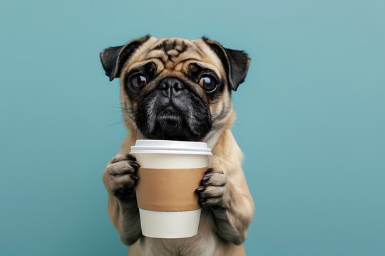 pug dog with a cup of coffee or tea isolated on blue background, animal drinking tasty beverage