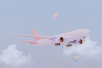 Pastel purple plane flying in the sky with clouds. Plane take off and pastel background. Airline concept travel plane passengers. Advertisement idea. 3D Creative composition.
