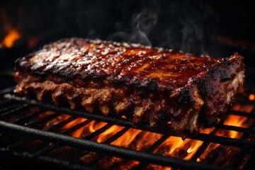 Juicy smoked bbq ribs on fire grill, delicious restaurant food menu