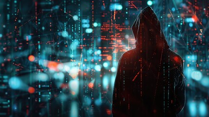 A man in a black jacket stands against computer monitors, screens and monitors data security or hacks the system. Concept of cyber courage and hacking topicality. Copy space. High quality photo
