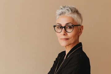 Stylish confident adult 50 years old female psychologist isolated on beige background