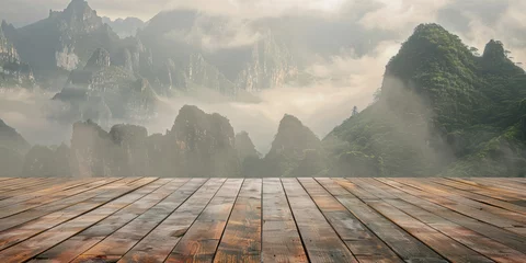 Foto op Aluminium Wooden planks on the floor in front of a mountain, depicted in a style that includes lush landscape backgrounds, hazy landscapes, and eco-friendly craftsmanship. © Duka Mer
