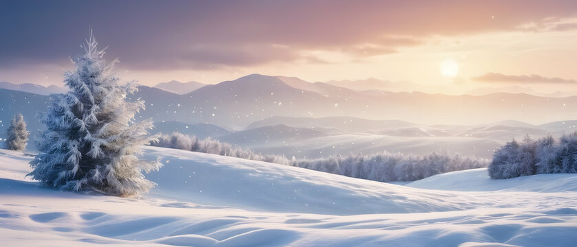 Beautiful background of light snowfall falling over the snowy valley