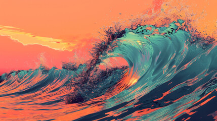 A bright, splotching wave of orange and red colors moves towards the sky at sunset, characterized by hyper-realistic details, aquamarine hues, and reefwave elements.