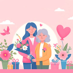 A girl wishes his mother a happy mother's day with a bouquet of flowers.