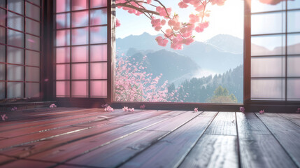 A Japanese room features a wooden floor and pink window, styled with expansive landscapes, tabletop photography, cherry blossoms, and sustainable architecture.
