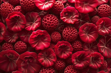 Fototapeta premium A red cell is arranged in a cell-like pattern, styled with photorealistic still lifes, medical imaging film, and a raw versus finished aesthetic.