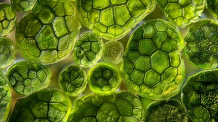 Highresolution image of a of chloroplasts each containing a dense concentration of tiny circular structures known as thylakoids. - obrazy, fototapety, plakaty