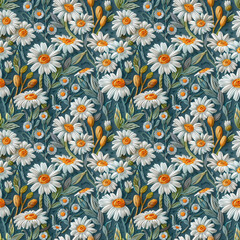 Floral embroidery daisy flower,from knitting wool, seamless .