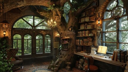 Treehouse Study Nook: Cozy Study Room Built on Old Tree with Bookshelves, Table, Dome-like Windows, and Dim Lighting

 - obrazy, fototapety, plakaty