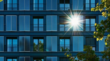 A multistory apartment building with solar panels seamlessly integrated into its facade reflecting the bright sun as it provides electricity . . - obrazy, fototapety, plakaty