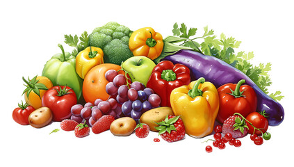 Collection multi-colored useful vegetables, fruits and berries isolated on white background. - obrazy, fototapety, plakaty