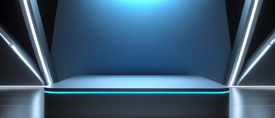 Abstract futuristic gray blue background with neon lighting, showcase, stage for product presentation