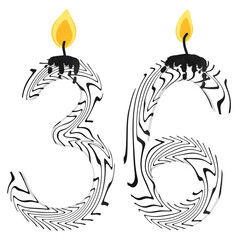 36th Birthday candles number for decoration, age, anniversary, celebration, burning candles 