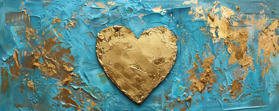 A gold heart is painted on a blue backdrop, expressed with textured quality, torn and distressed edges, and a shiny finish.
