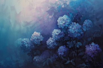 Dark blue flowers are the subject of an oil painting, featuring soft gradients, light purple and light aquamarine hues, and a majestic composition. - obrazy, fototapety, plakaty