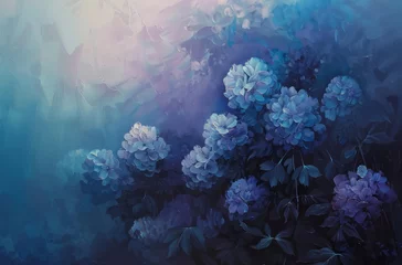 Foto op Plexiglas Dark blue flowers are the subject of an oil painting, featuring soft gradients, light purple and light aquamarine hues, and a majestic composition. © Duka Mer