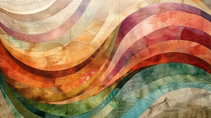 A painting features a colorful abstract wall with lines, styled with wood veneer mosaics, delicate watercolor landscapes, and colorful curves.
