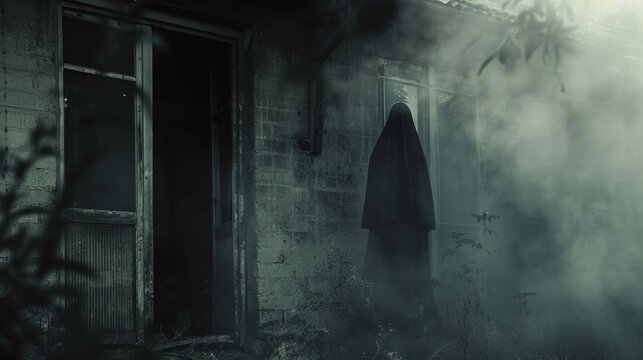 A ghostly figure shrouded in mist standing in the shadows of a dilapidated storefront. . .