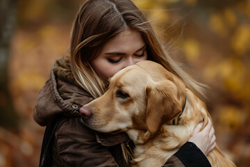 young woman hugging a labrador in the park in autumn time
