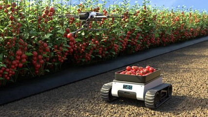 Drone is picking tomatoes in a tomato garden, Agricultural robots work in smart farms, Smart agriculture farming concept.