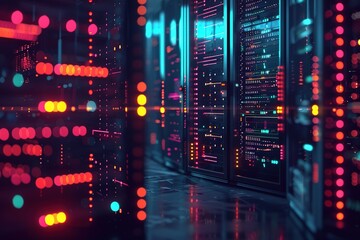 Modern Data Technology Center with Server Racks in Dark Room Illuminated by Neon Lights &ndash; High-Tech Infrastructure for Cloud Computing, Networking, and IT Security. Generative AI