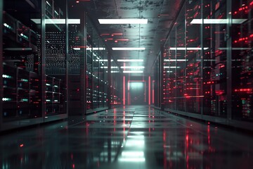 Modern Data Technology Center with Server Racks in Dark Room Illuminated by Neon Lights &ndash; High-Tech Infrastructure for Cloud Computing, Networking, and IT Security. Generative AI
