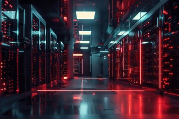 Modern Data Technology Center with Server Racks in Dark Room Illuminated by Neon Lights &ndash; High-Tech Infrastructure for Cloud Computing, Networking, and IT Security. Generative AI