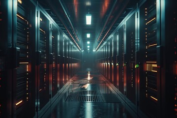 Modern Data Technology Center with Server Racks in Dark Room Illuminated by Neon Lights &ndash; High-Tech Infrastructure for Cloud Computing, Networking, and IT Security. Generative AI