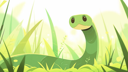 Hand drawn cartoon illustration of cute green zodiac snake in the grass
