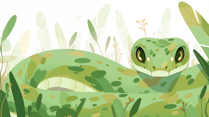 Fototapeta premium Hand drawn cartoon illustration of cute green zodiac snake in the grass 