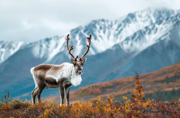 Reindeer on the Mountain Top in Alaska, USA with snowcapped mountains and reindeer grazing behind it