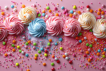 A colorful background with swirled meringue cookies and sprinkles scattered around, creating an elegant display of sweet treats in the style of various artists - obrazy, fototapety, plakaty