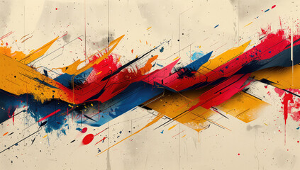 Abstract colorful graffiti design on beige background, dynamic lines and splashes of color creating an energetic composition