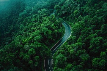 Aerial View of Dense Green Forest with Winding Snake-Like Road &ndash; Dramatic Nature Landscape Symbolizing Adventure, Journey, and Exploration. Generative AI