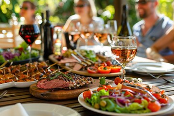 Elegant Table Setting with Gourmet Food and Wine, Soft Sunset Lighting, and Shallow Depth of Field &ndash; Warm Ambiance for Celebration, Luxury Dining, and Social Gathering. Generative AI