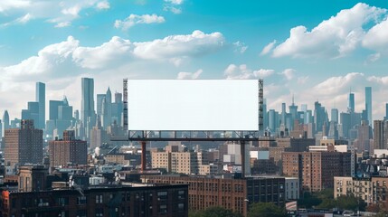 A large billboard is blank, with a city skyline in the background