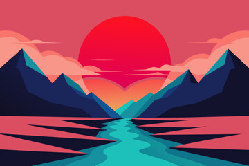 design a red-sunset river mountain vector illustration