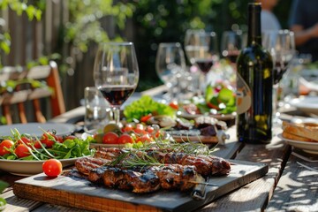 Elegant Table Setting with Gourmet Food and Wine, Soft Sunset Lighting, and Shallow Depth of Field &ndash; Warm Ambiance for Celebration, Luxury Dining, and Social Gathering. Generative AI