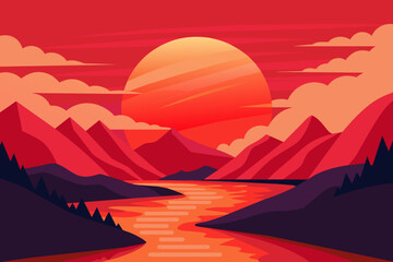 design a red-sunset river mountain vector illustration