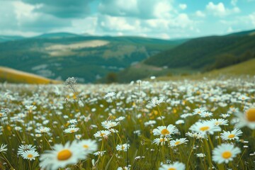 Beautiful daisy field in a lush green mountain landscape. with soft blur and light. Generative AI - obrazy, fototapety, plakaty
