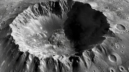 Harsh angular edges jut out from the rim of an impact crater a stark reminder of the explosive origins that carved it into existence. - obrazy, fototapety, plakaty